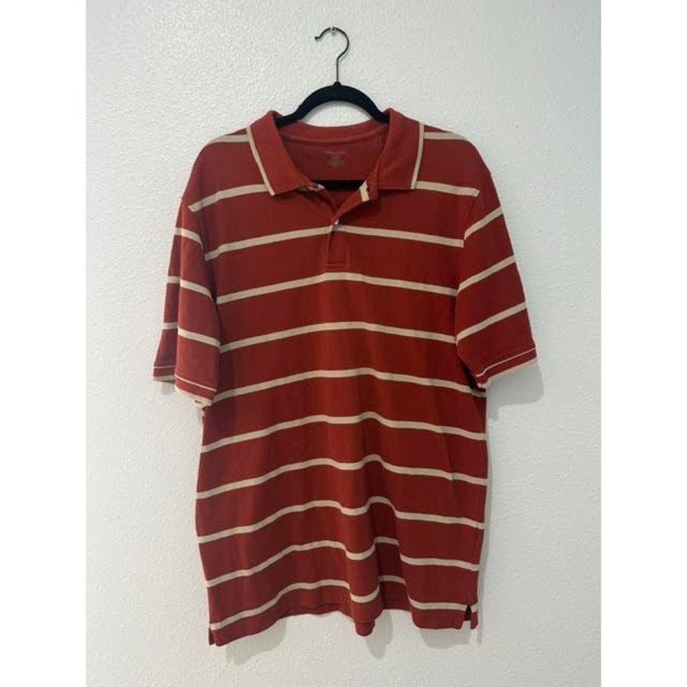Covington Mens Large Striped Polo Shirt Rust Red Tan Short Sleeve Cotton Pique